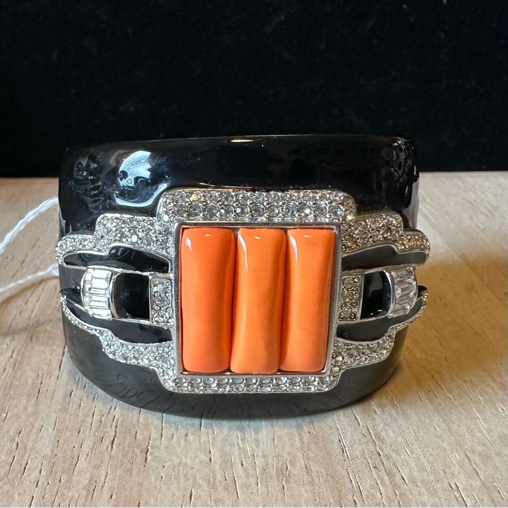 Kenneth Jay Lane Vintage Black Orange Enamel Cuff Bracelet - Signed